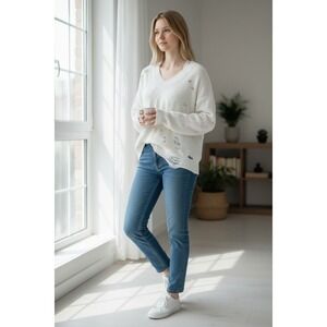 ASOS Sweater Womens Size 2 Cream Distressed V Neck Long Sleeve‎ Knit Pullover